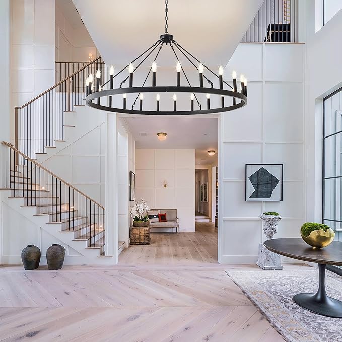 53 Inch Large Black Farmhouse Wagon Wheel Chandelier24-Light Round Industrial Pendant Light fixtures for Outdoor Porch high Ceilings Living Dining Room Foyer Entryway