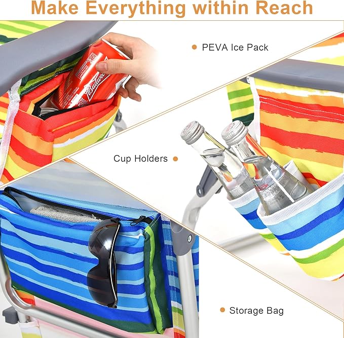 GYMAX Beach Chairs Backpack Camping Chair with Armrest Cooler Bag Cup Holder Towel Bar &amp Side Pockets Sunbath Sling Tanning Lounge Folding Layout Chair (4 Chairs Without Table Yellow Stripe
