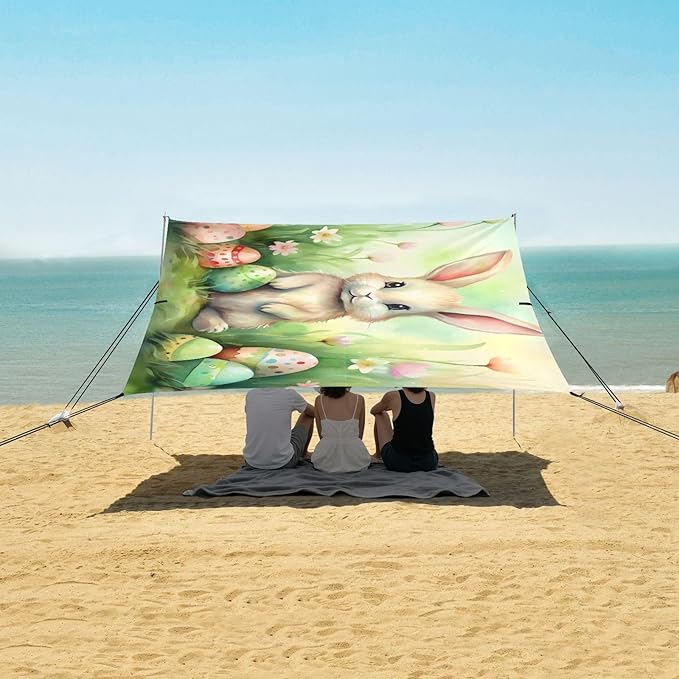ALAZA Easter Rabbit Eggs Beach Tent Sun Shelter UPF50+ Protection Beach Shade Canopy w/ 4 Sandbags for Outdoor Camping Fishing Backyard Fun Picnic 10x9 ft