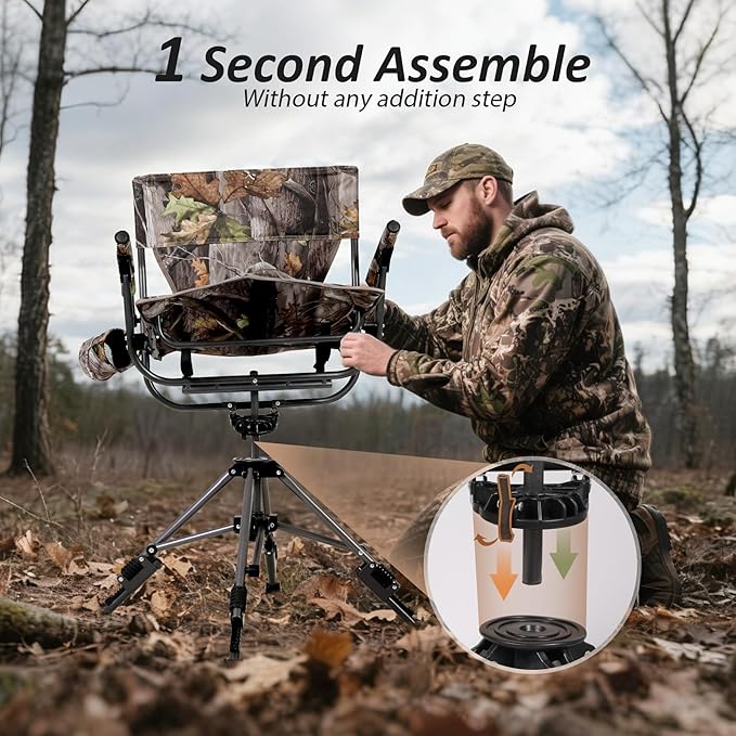 REDCAMP 360° Swivel Hunting Chair with Adjustable Feet for Ground Blinds Portable Folding Camo Camping Chairs for Adults Hunting Seats with Hard Arms for Fishing Camping