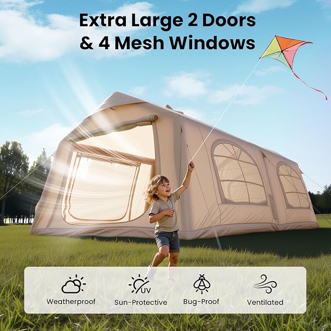 Inflatable Tents for Camping Blow Up Tent with Hand Pump Easy Setup Inflatable Hot Tent with Stove Jack Waterproof Oxford Air Glamping Tents for Camping Adult 4 Person Upgrade Version