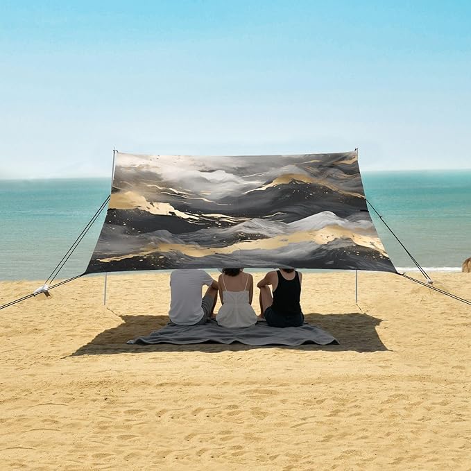 Black Gold Grey Marble Camping Sun Shelter Beach Tent Portable Beach Sun Shade Outdoor Canopy for Camping Trips Fishing Picnic