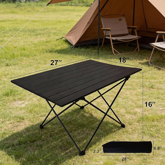 Camping Table 27” Aluminum Roll-Top Folding Table Lightweight &amp Heavy-Duty Outdoor Table with Carry Bag Easy Setup for Camping BBQ &amp Picnic