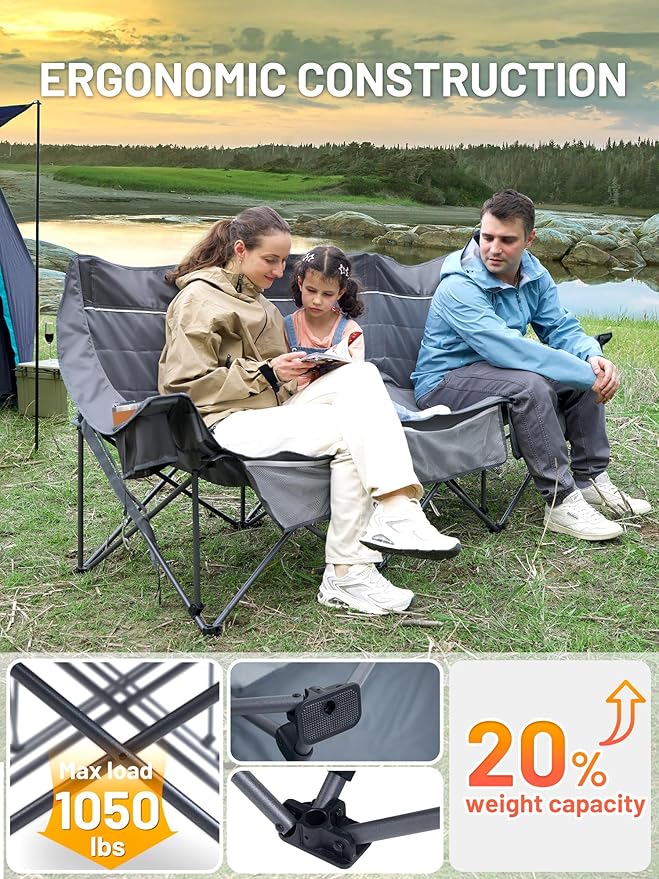 Timber Ridge 3 Person Camping Chair Supports to 1050lbs Portable Camp Couch Padded Camping Chairs Outdoor Oversized Folding Loveseat Perfect for Campsites Patio/Lawn Soccer Games Grey