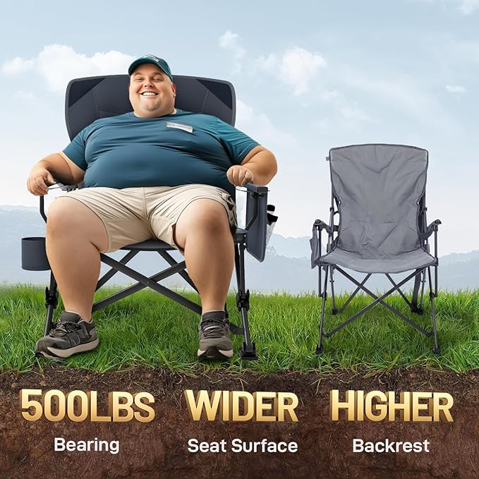 EVER ADVANCED Oversized Folding Camping Chair for Adults Heavy Duty Lawn Chair with Side Pockets Portable Collapsible Quad Chair for Outside Support Up to 500lbs Grey