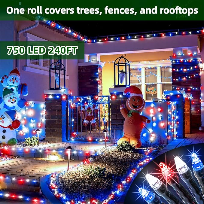 750 LED 240FT Christmas Lights Outdoor12 Lighting Modes Christmas String Lights with Timer Dimmable Plug in Red White and Blue LED StringLights Waterproof for Yard Tree Wedding Party Holiday