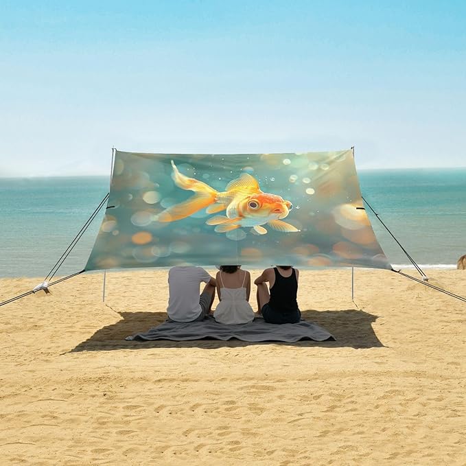 Goldfish Pattern Beach Tent Sun Shelter 9.2' x 10.5' Beach Canopy with 4 Sandbags 4 Stability Poles Sand Shovels - Tent Canopy for Beach Camping Fishing Picnics