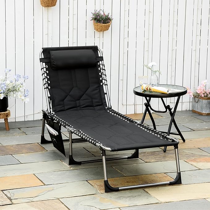 Padded Folding Chaise Lounge Chair Outdoor 6 Level Reclining Camping Tanning Chair with Headrest for Beach Yard Patio Pool Black