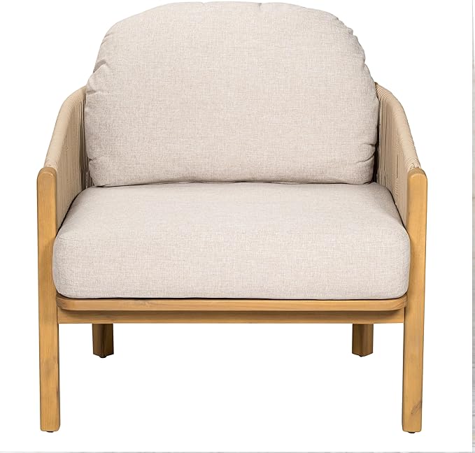 Outdoor Wood Club Chair Beige Rope with Beige Cushion