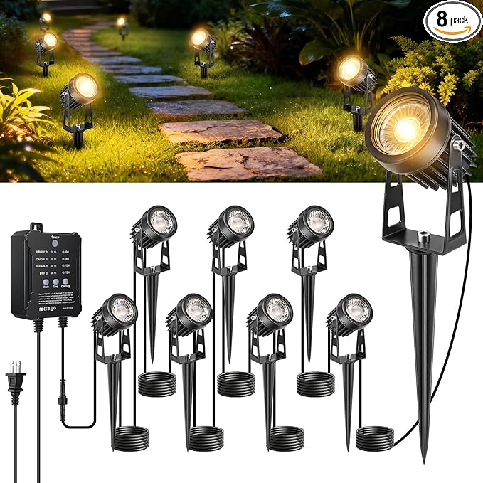 All-in-One Low Voltage Landscape Lighting Kit 8 Pack Landscape Lights with Smart Transformer Dimmable Waterproof Outdoor LED SpotLights 24V LED Landscape Lights for Yard Garden(Warm White)