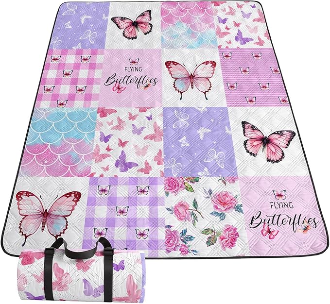 Outdoor Picnic BlanketPortable Sandproof Waterproof Picnic MatPink Checkerboard Butterfly Printed Camping Beach Mat for Sand and Wet Grass Hiking (Checkerboard L)