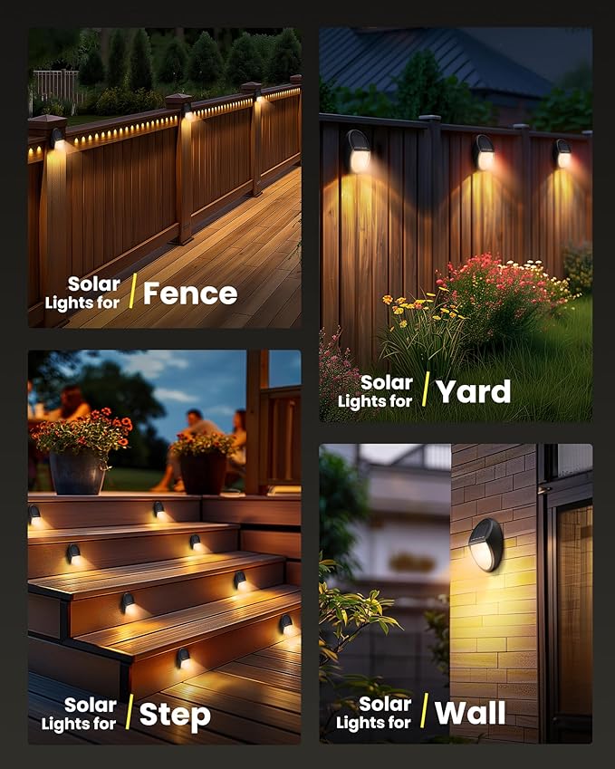 8 Pack Outdoor Fence Solar Lights IP68 Waterproof Solar Step Lamps for Backyard Garden Pathway Porch Patio Driveway Walkway Railing - Yellow Light
