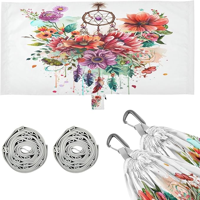 ALAZA Dreamcatcher Flowers Camping Hammocks Single or 2 Person 500 lbs Portable Parachute Travel Hammock w/Tree Straps for Hiking Backpacking Indoor Outdoor