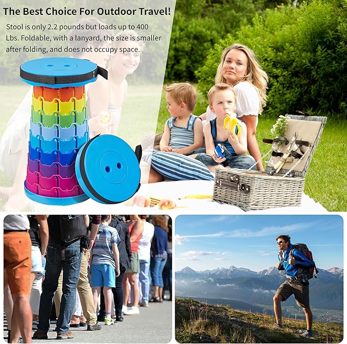 VECELO Telescoping Folding Stool Upgraded Portable Collapsible Retractable Stool with Load Capacity 400lbs for Garden Fishing Camping Hiking BBQ 1 PCS Rainbow Blue