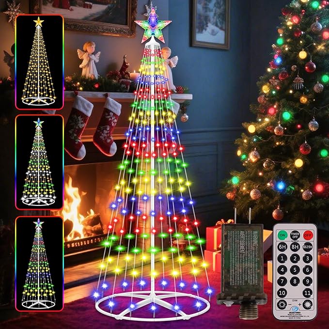 Forlivese 5FT Prelit Christmas Cone Tree Lights 204 LED Small Lighted Christmas Tree Light with Remote Timer 11 Modes Outdoor Christmas Tree for Yard Garden Decoration Multicolor &amp Warm White