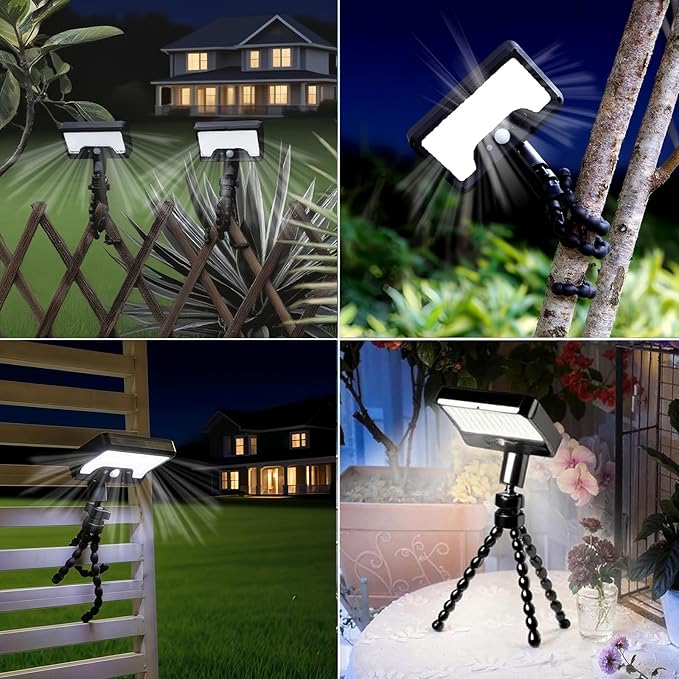Motion Sensor Outdoor Lights with Flexible Octopus Tripod - 600LM Solar Sercurity Lights Waterproof Dual Charging Solar Ourdoor Light for CampingFence Patio (Black-2pcs)