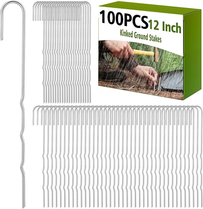 100 Pcs Kinked Ground Stakes 12 Inch Metal Garden Fence Edging Hook Heavy Duty J Shaped Galvanized Tent Fence Spikes for Dogs Digging Canopy Outdoor Yard Christmas Inflatables Decorations