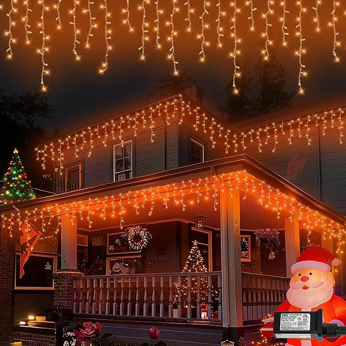 QITONG Orange Icicle Lights for Outside 33ft 400 LED String Light with 8 Modes Clear Wire Connectable Icicle Christmas Lights Indoor Plug in for Halloween Thanksgiving Fall Décor