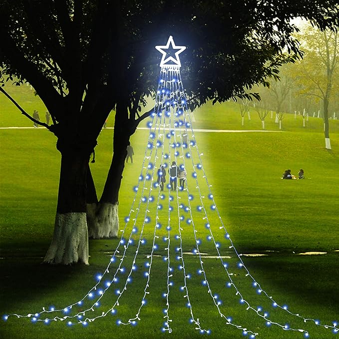 PUHONG Christmas Decoration Outdoor Star String Lights16.4Ft Christmas Tree Toppers Lights 320 LED 8 Memory Modes with 14 Lighted Star for Halloween Christmas New Year Holiday Birthday(White)