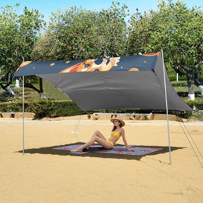 Space Cute Dogs Camping Sun Shelter Beach Tent Portable Beach Sun Shade Outdoor Canopy for Camping Trips Fishing Picnic