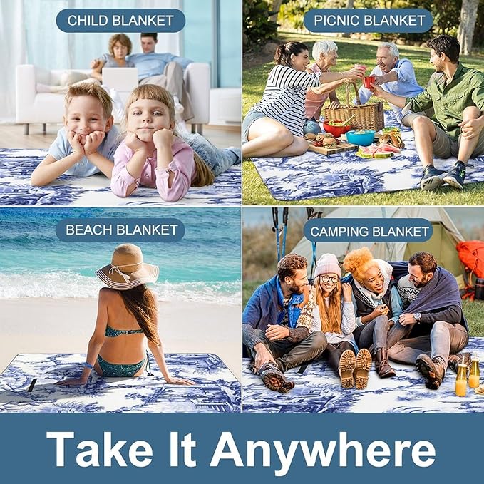 Blue and White Chinese Style Chinoiserie Folk Waterproof Outdoor Picnic Blanket Sandproof Beach Mat for Camping Hiking Grass Travelling