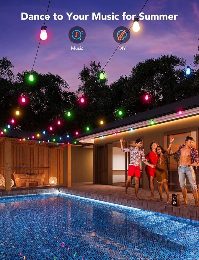 Govee Smart Outdoor String Lights H7015 48ft RGBIC Outdoor Lights with 15 Dimmable LED Bulbs IP65 Waterproof Color Changing Warm White Lights with 47 Scene Modes for Patio Backyard App Control