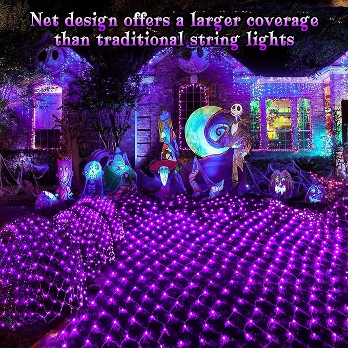 BlcTec Halloween Net Lights 200 LED 8.4ft x 5.2ft Purple Halloween Lights with 8 Modes Timer Connectable Waterproof and Green Wire Design for Trees Bushes Outdoor Decorations
