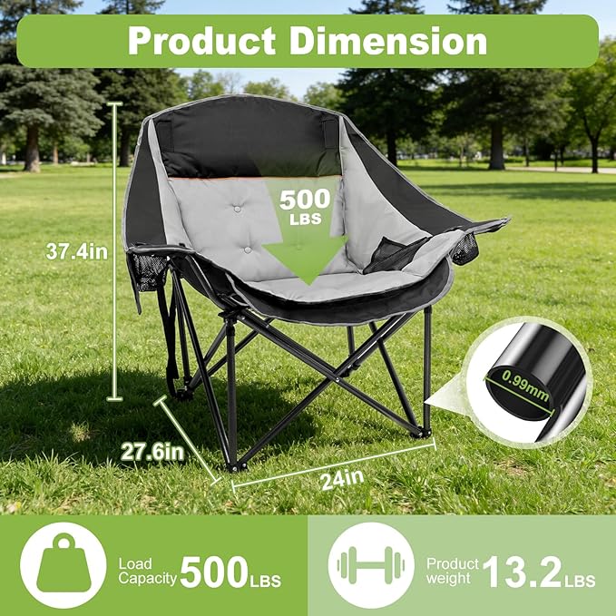 Slendor Oversized Camping Chairs - Heavy Duty Padded Outdoor Folding Camp Chair with Cup Holder and Carry Bag for Outside Sports Beach Fishing Lawn Portable Supports 500lbs Black Gray