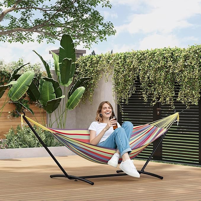 Double Hammock with Space Saving Steel Stand Included-2 Person Camping Hammock with Carry Bag Outdoor Portable Hammocks 450lb Capacity Standing Hammocks for Garden Yard(Yellow Rainbow)