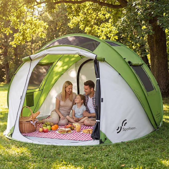 Sportneer Camping Tent: 2 Adults Pop Up Tent with Rain Fly and Carrying Bag - All-Weather Shelter for Camping Backyard Sleepover &amp Beach 2 Doors 3 Top Meshes Easy Set Up Size 110''x78''x51''