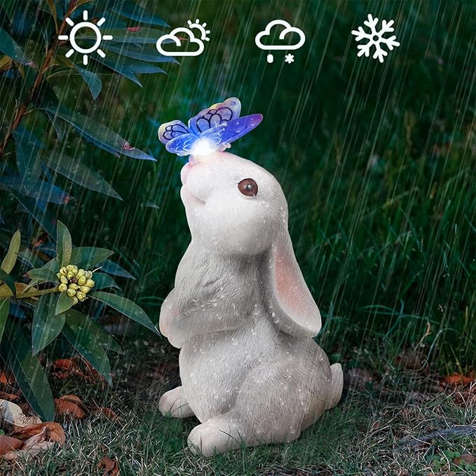 Garden Statue Outdoor Decor-Rabbit with Solar Butterfly Changing Lights Garden StatuesBunny Statue for PatioBalconyYardLawn OrnamentGardening Gifts for Mom Grandma