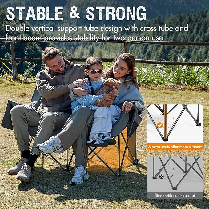 Portal Double Camping Chair 2 Person Folding Loveseat for Adults Padded Cushion Camp Lawn Love Seat with Side Pocket Portable Couch Two Person Heavy Duty Wide Chairs with Cup Holder 600 lbs