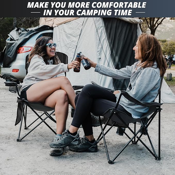 2PCS SAILARY Folding Outdoor Beach Camp Chair with Cup Holder Storage Pocket Waterproof Bag Outdoor Arm Chair Supports 225LBS Black