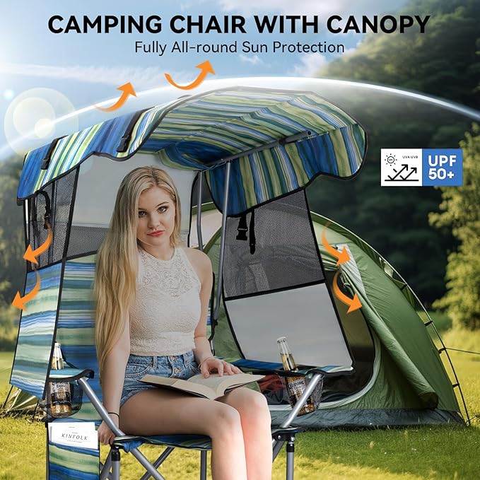 Folding Camping Chair with Reinforced Shade Canopy Comfortable Wide Seat with Cup Holder and Side Pocket Portable Outdoor Chair for Beach Fishing Sports Lawn Supports 350 LBS (2 Pack)