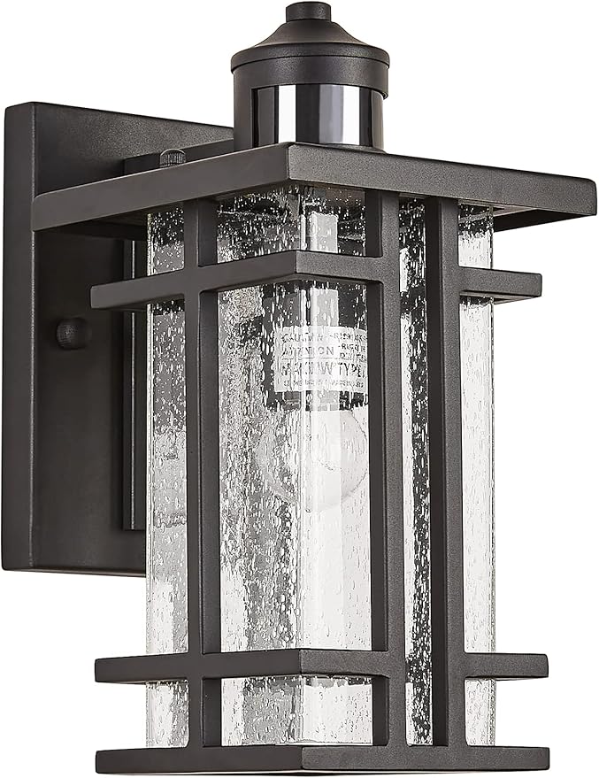 Motion Sensor Outdoor Wall Light Dusk to Dawn Outside Wall Sconce with Seeded Glass Exterior Light Fixtures Wall Mount 3 Modes Motion Activated Outdoor Porch Wall Lantern IP65 Waterproof Black