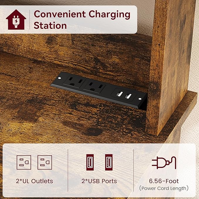 GAOMON Farmhouse Bakers Rack with Storage Cabinet and Charging Station Kitchen Hutch with Thickened Tabletop Power Outlets &amp USB Ports Pantry Organizer Shelf for Kitchen and Dining Room Brown
