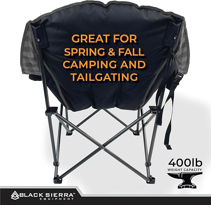 Black Sierra Heated Fleece Camping Chair for Adults Oversized Outdoor Seat with Plush Padding Supports 400lbs Cup Holders and Carry Bag Heavy Duty Folding Chair for Tailgating or Patio (Black)