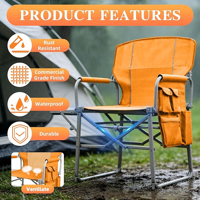 Camping Directors Chair Portable Folding Chair with Side Table and Pocket for Beach Camping Lawn &amp Fishing Tangerine