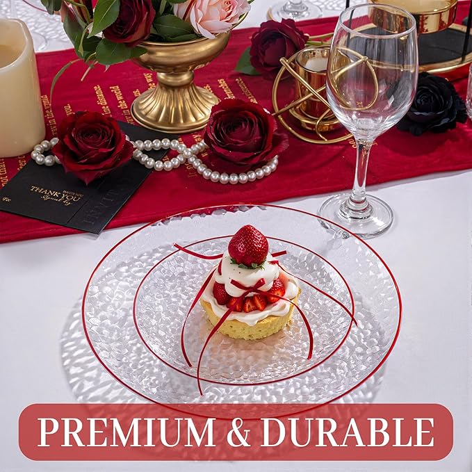 Rubtlamp 60Pcs Red Plastic Plates Clear Plastic Plates With Red Rim Heavy Duty Disposable Plates for Party Fancy Hammered Plates Include 30 Red Dinner Plates 30 Clear Cake Plates