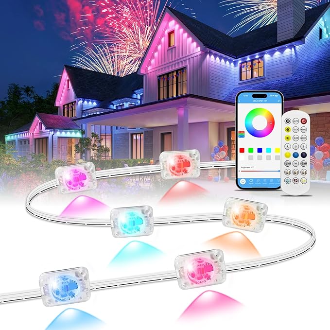 mw Permanent Outdoor Lights for House 50ft RGB+IC Smart Outdoor Decor 50 Scene Modes App/Remote Control IP68 Waterproof House Eave Lights for Halloween Christmas Party Decor