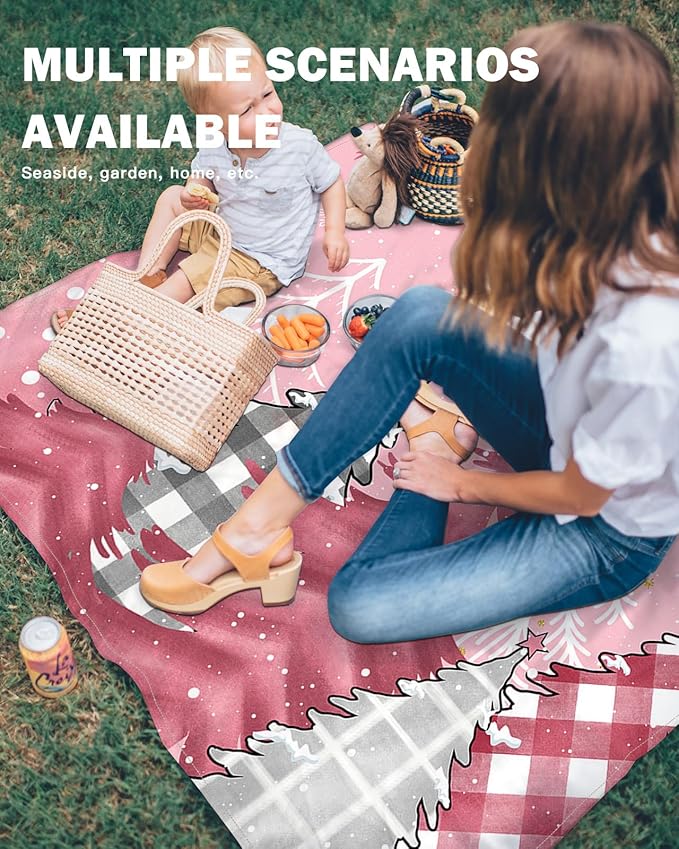 Beach Blanket Waterproof Sandproof OversizedPink Christmas Tree Snowflakes Seamless Beach Mat with Corner Stakes Sand PocketsLattice Pine Tree Outdoor Picnic Mat for Travel Camping Hiking 95x80In