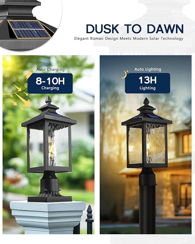 FEMILA Solar Post Lights Outdoor 17 Dusk to Dawn Lamp Posts Outdoor Lighting Aluminum Glass Light Posts for Outside Driveway Garden with Remote Control 4FYX88P SL BK SW