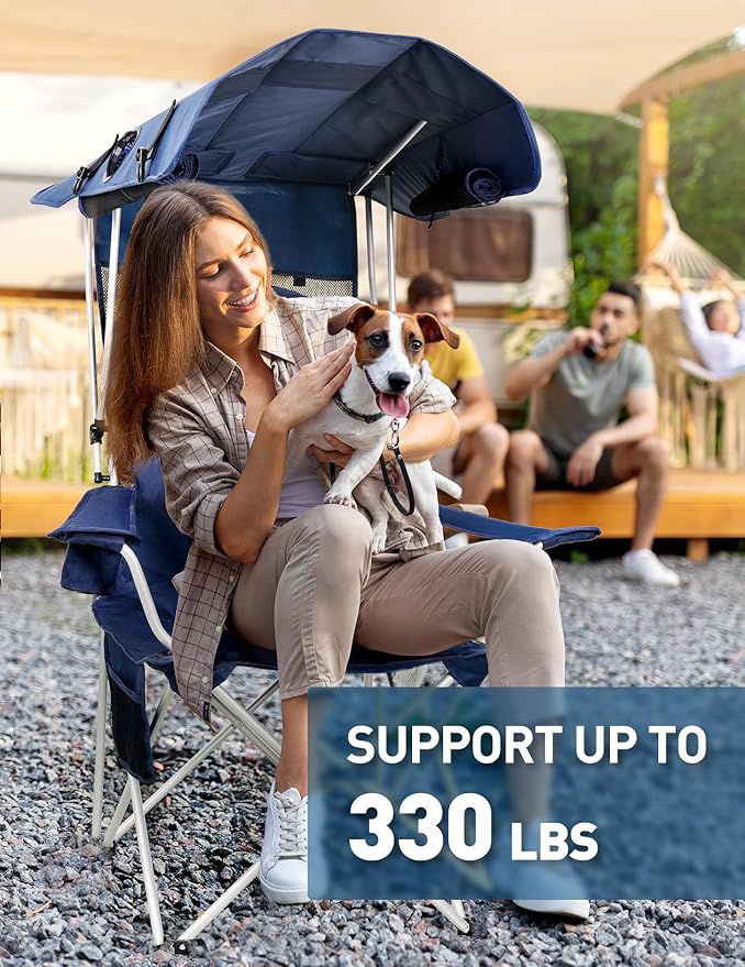 Beach Chair with Canopy Shade and Fan – 360° Rotatable &amp 3-Speed Airflow Camping Chair with Canopy and Powerful &amp Quiet Fan Cup Holder Side Pocket – Supports 330 LBS