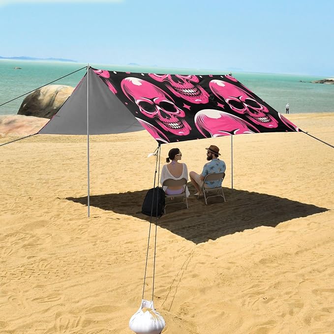 ALAZA Pink Skull Stars &amp Polka Dots Beach Tent Sun Shelter UPF50+ Protection Beach Shade Canopy w/ 4 Sandbags for Outdoor Camping Fishing Backyard Fun Picnic 10x9 ft