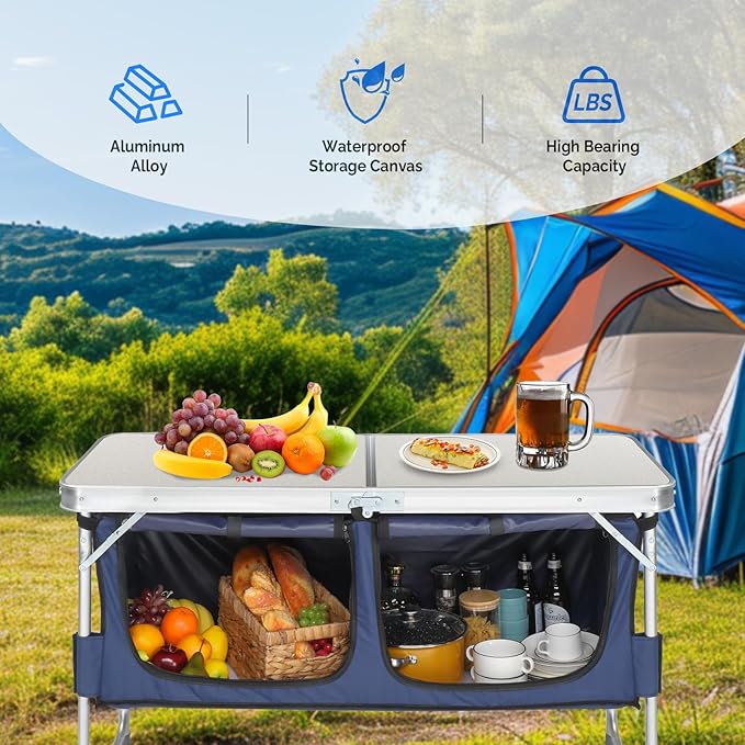 Folding Camping Table with Storage 3 Height Adjustable Lightweight 4 Ft Outdoor Portable Kitchen Aluminum Table for BBQ Picnic Hiking Beach and Indoor