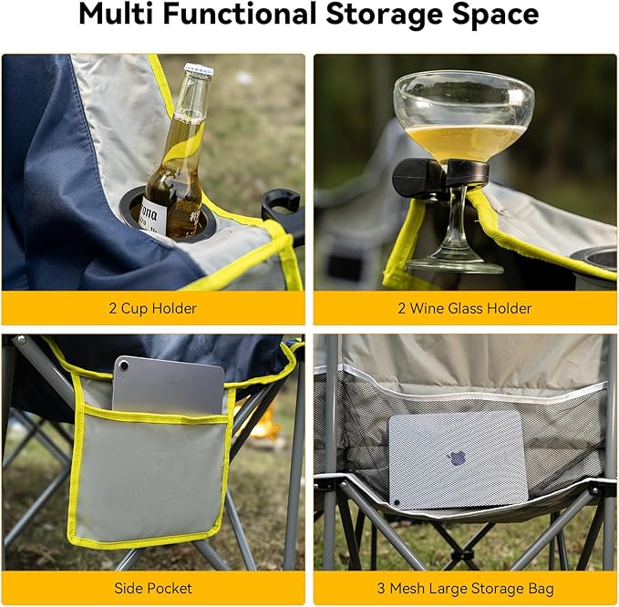 Double Camping Chair – 2-3 Person Outdoor Folding Sofa with Cup &amp Wine Glass Holders – Oversized Loveseat Camping Couch for Campfire RV Backyard – Supports Up to 1050 lbs