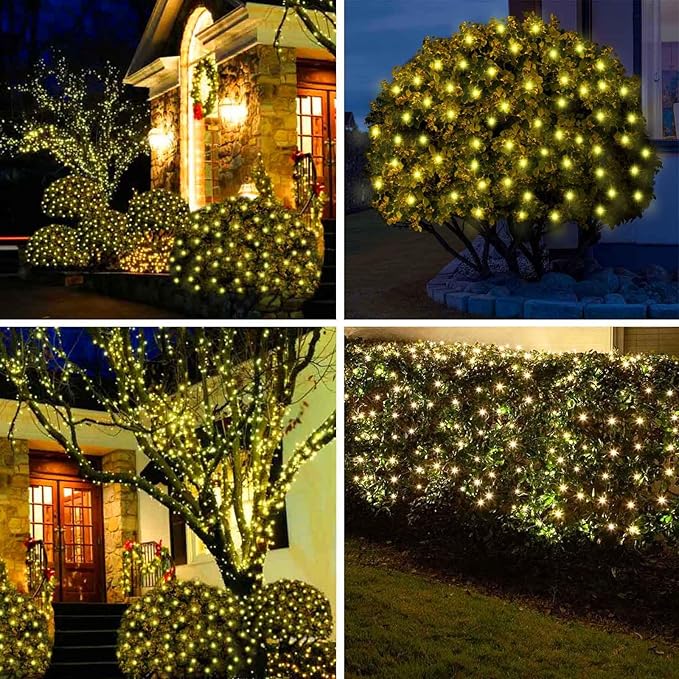 6Ftx4Ft LED Christmas Net Lights Green WireConnectable UL Certified Waterptoof Net Lights for Bushes Trees Shurb Garden Outdoor Christmas Decorations (Warm White)
