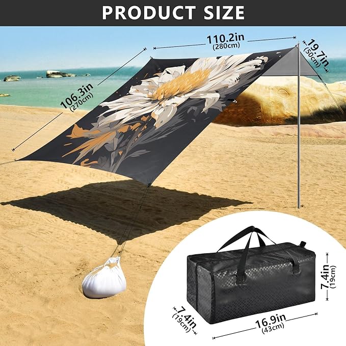Beach Tent Sun Shelter Retro Fragrant Flowers Lightweight &amp Easy Setup Beach Shade Canopy for Camping Fishing