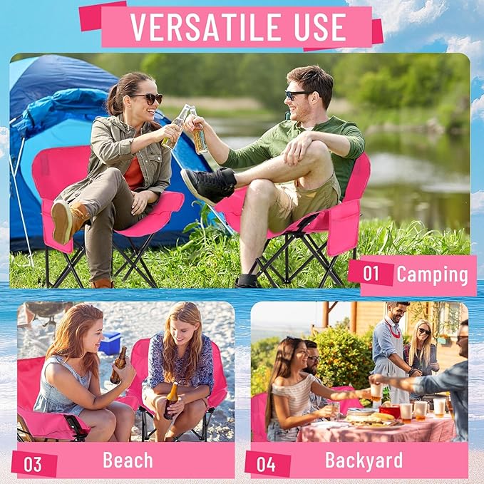 2 Pack Compact Camping Chairs Portable Folding for Outside with Carry Bag Lightweight Moon Chairs for Travel Picnic Hiking Beach Fishing 600D Oxford Supports 330lbs(Pink)