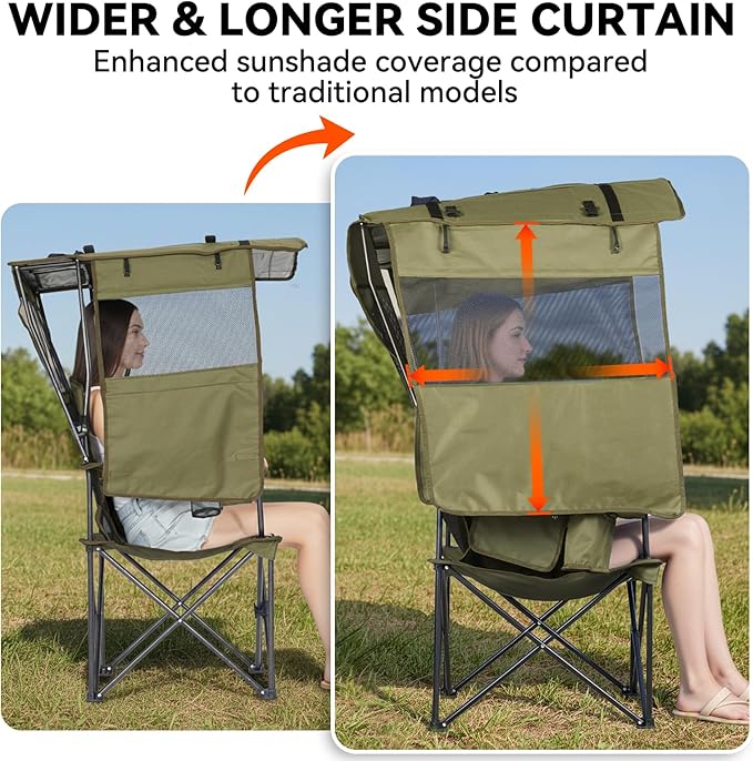 Camping Chair with Canopy Shade - Folding Beach Chair with UPF 50+ Sun Shade Cup Holder Side Pocket Portable Sports Chair for Adults Support 330 LBS Fishing Camp Outdoor Lawn Chair Green